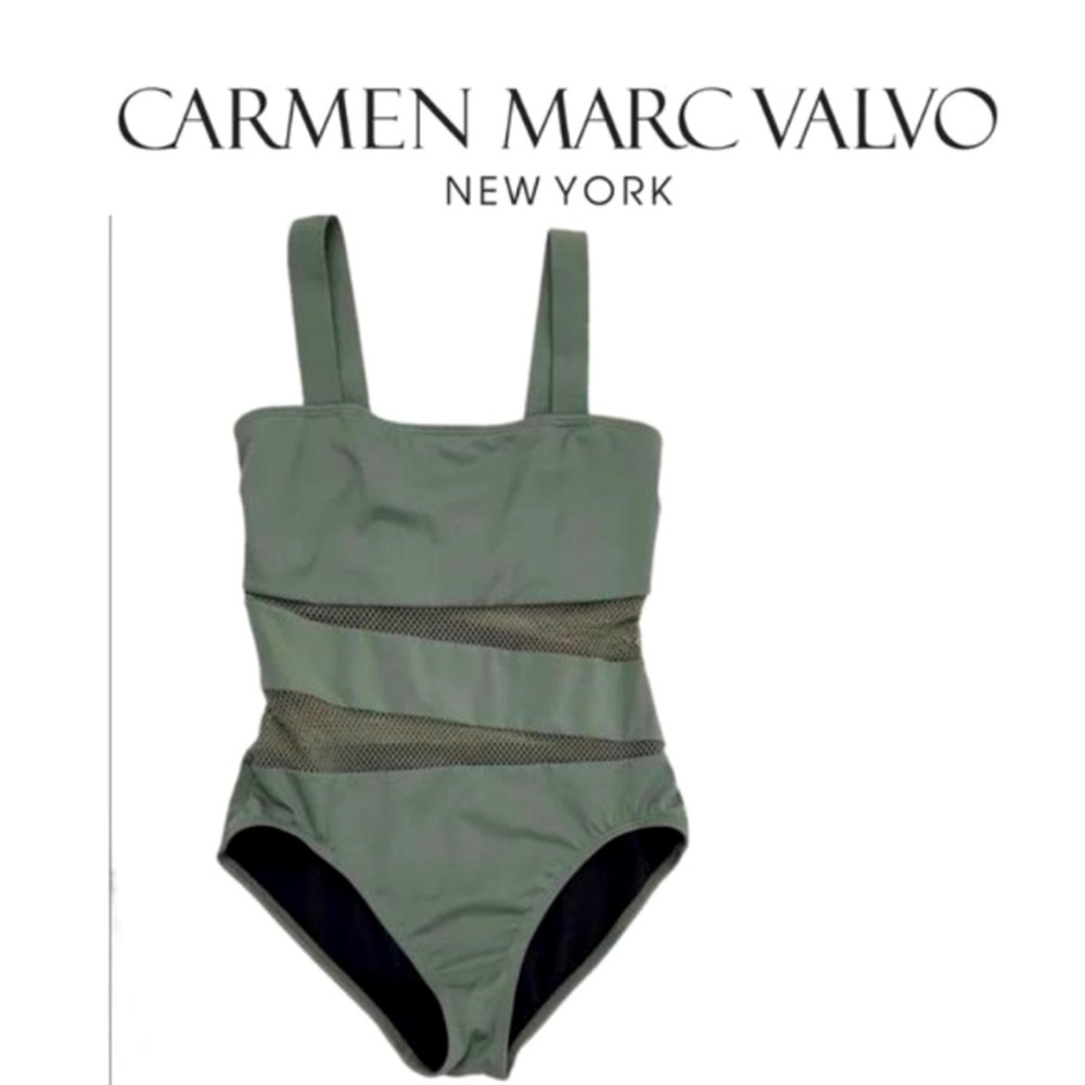Carmen Marc Valvo Army Green One Piece Swimsuit Womens Size 10 Mesh Cutout